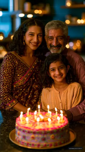 Family birthday celebration with glowing candles