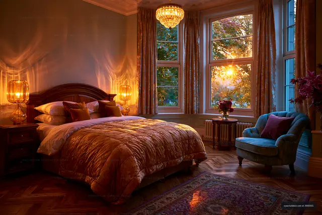 Luxury bedroom with sunset views through tall windows