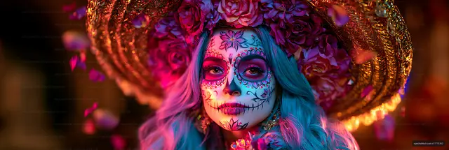 Vibrant sugar skull makeup portrait with floral crown