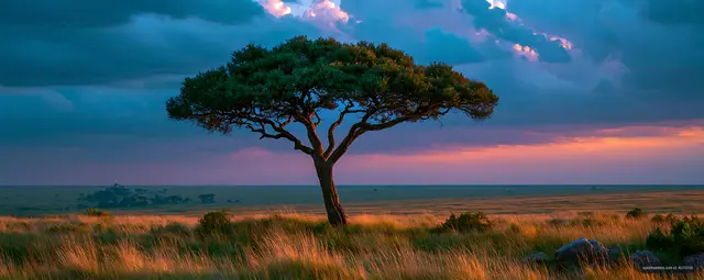 Lone Canopy Tree Across an Open Grassland at Sunset