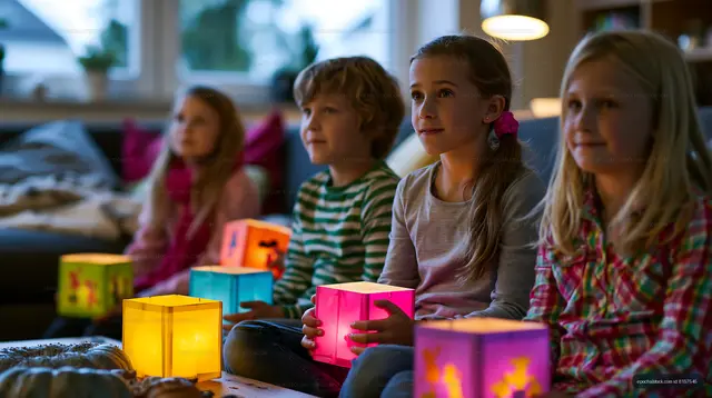 Children gathered indoors with glowing colorful lanterns