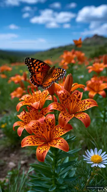Butterfly Resting on Spotted Orange Lily Flowers