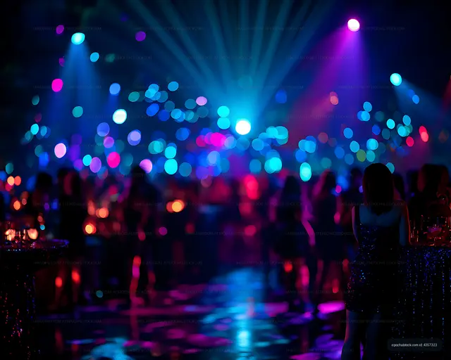Neon-lit nightclub dance floor with crowd silhouettes