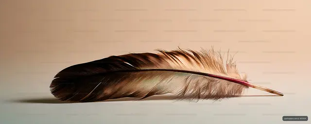Detailed brown feather lying horizontally on a neutral surface