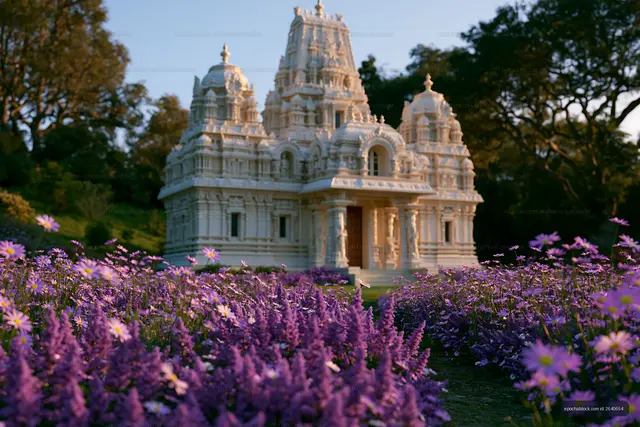 Detailed white temple among purple garden flowers