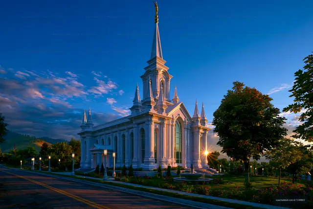 White temple and spires at golden hour