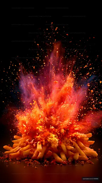 Fiery French fries bursting into colorful particles