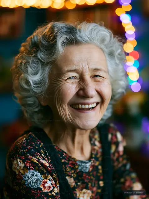Smiling elderly woman with curly gray hair and floral dress
