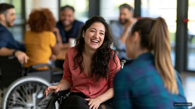 Joyful woman laughing with friends in a bright interior