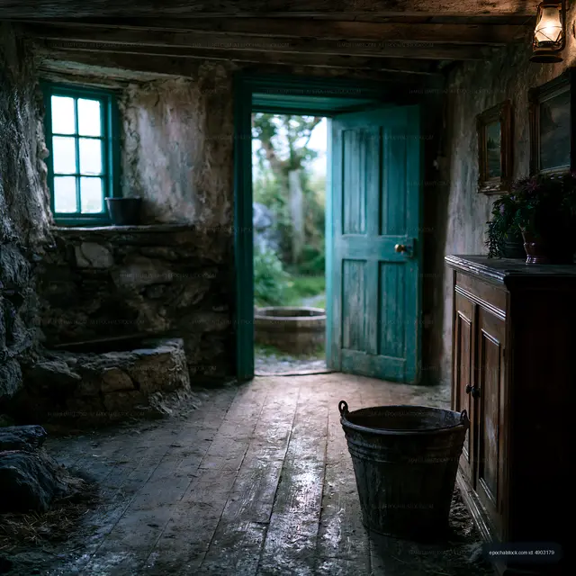 Old stone cottage interior with open teal door