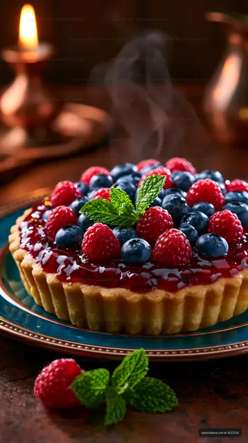 Raspberry and blueberry tart in warm candlelight