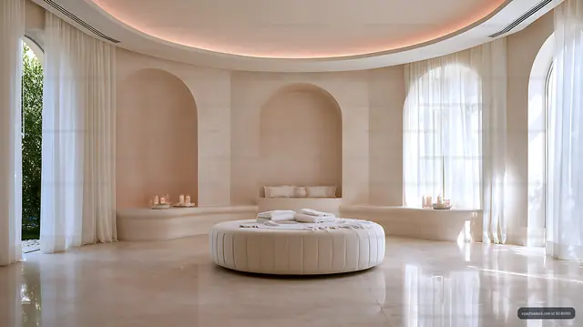 Sunlit wellness room with circular massage bed