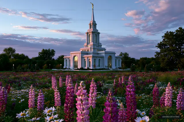 White temple and tall spire in a colorful evening garden