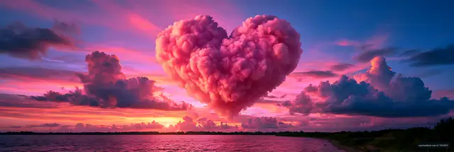 Dramatic heart-shaped cloud over a sunset coast
