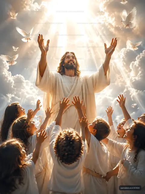 Jesus with children in a bright sky surrounded by doves