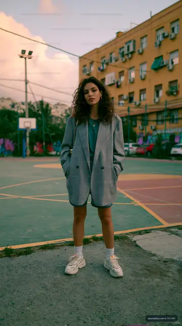 Woman in plaid jacket on outdoor basketball court