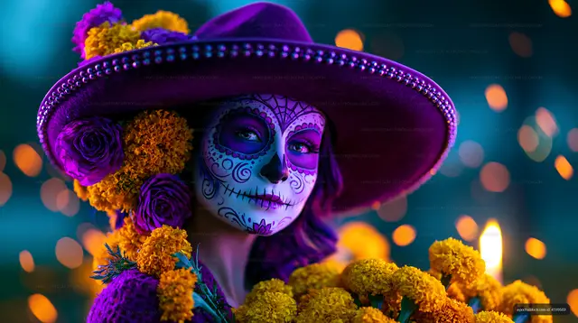 Woman with sugar skull makeup surrounded by marigold flowers