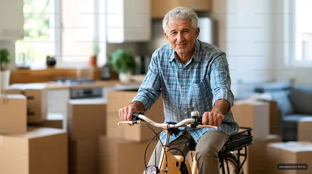 Older adult riding a bicycle in a box-filled home
