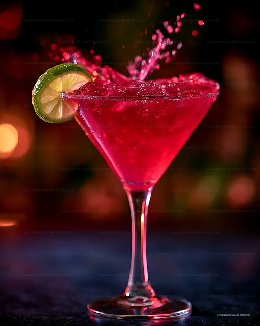 Pink cocktail with lime slice in a dramatic splash