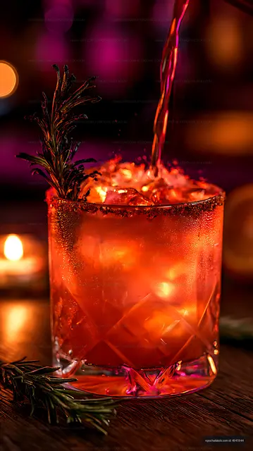 Vibrant orange cocktail glowing beside warm bokeh lights