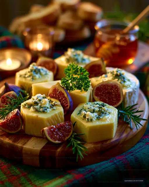 Artisan cheese and fig platter in candlelit setting