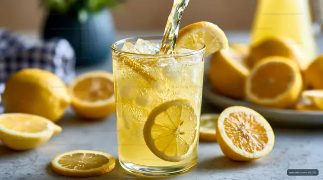 Sparkling lemon drink being poured with fresh citrus