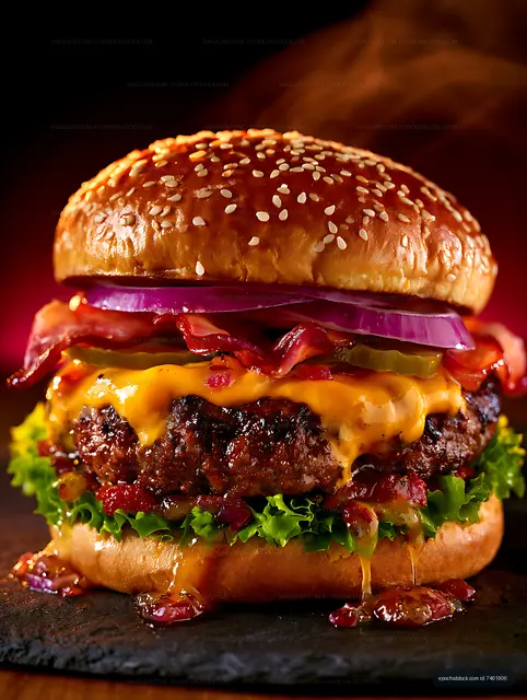 Close-up gourmet burger with melted cheese and sesame bun