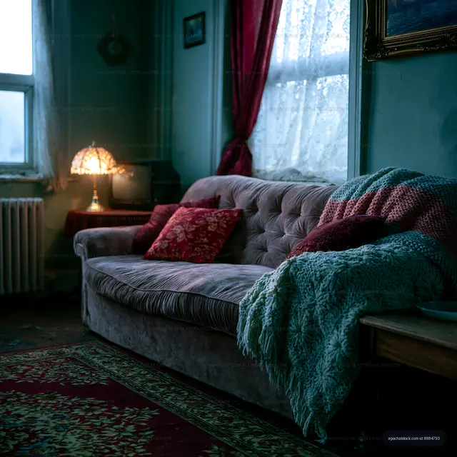 Inviting home interior with tufted couch and textured throw blanket