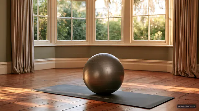 Fitness ball placed on a mat in a warm sunlit room