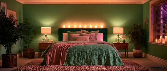 Moody bedroom interior with glowing candles and soft bedding