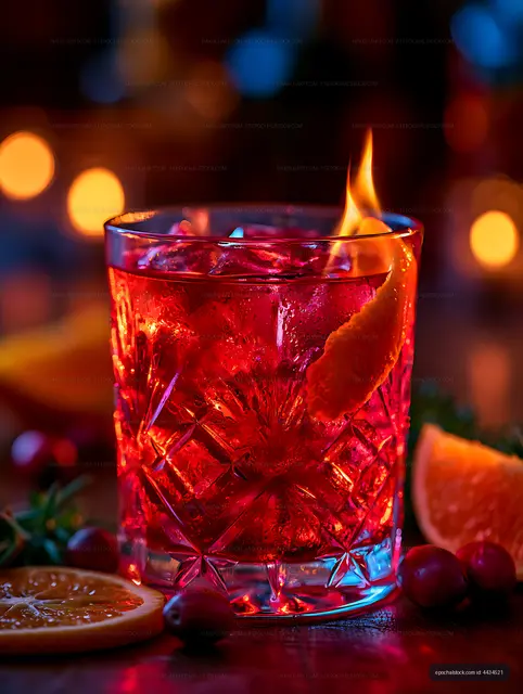Flaming red cocktail with citrus and berries