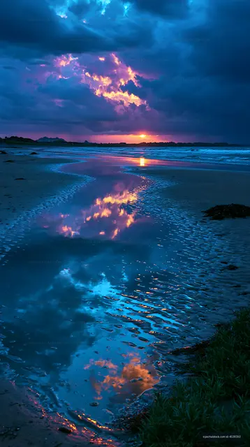 Stormy Coastal Sunset Reflected on Wet Sand
