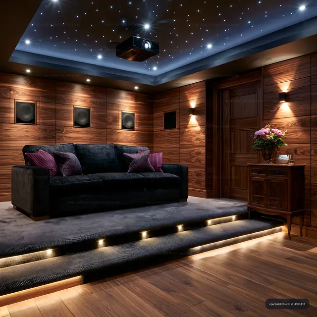 Warmly lit private theater room with projector and sofa