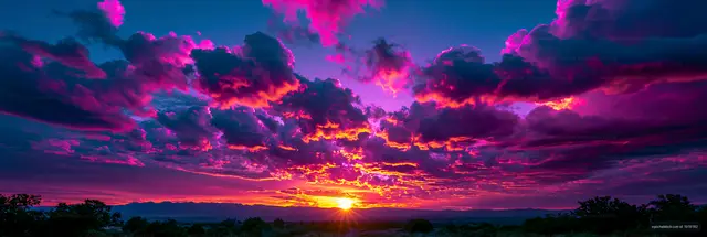 Panoramic sunset landscape with vivid purple and orange clouds