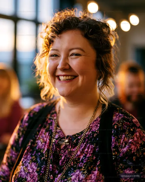 Smiling woman wearing floral clothing in warm indoor light