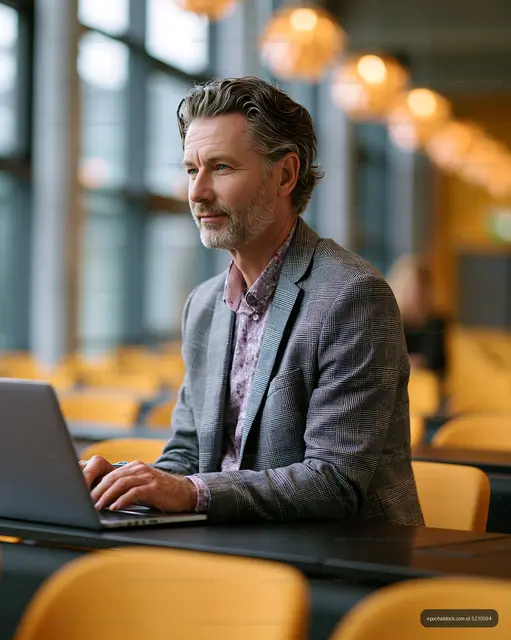 Man Using Laptop in Contemporary Workspace