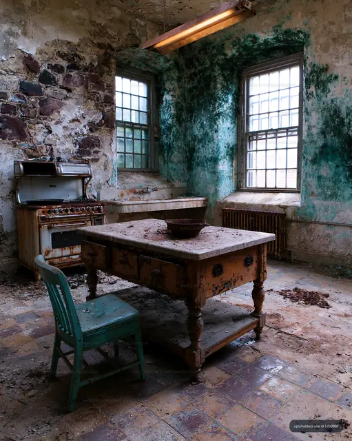 Abandoned kitchen with peeling paint and old furnishings