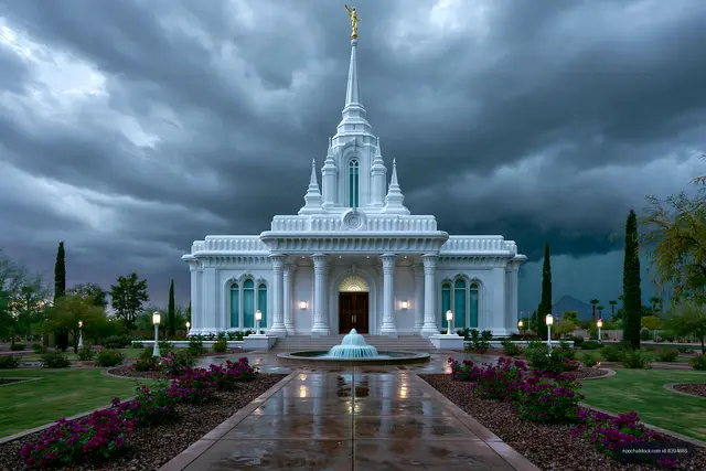 Symmetrical white temple after rain