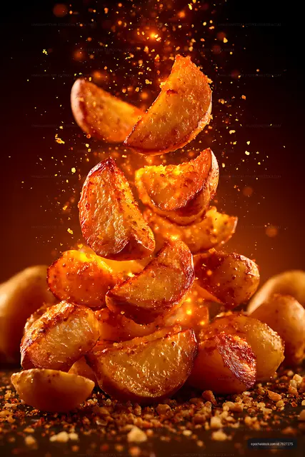 Crispy roasted potato wedges in dramatic warm light