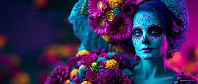Vivid portrait with floral headpiece and skull face paint