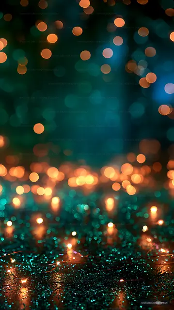 Abstract glowing bokeh over reflective wet surface