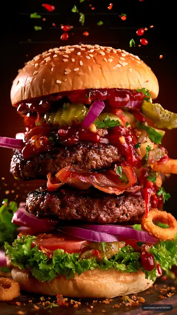 Close-up gourmet hamburger with double patties and toppings