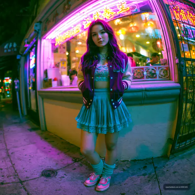 Neon street portrait of a woman outside a restaurant