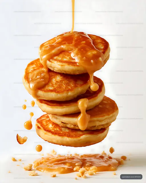 Pancake stack with caramel syrup splash on white background