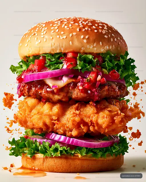 Crispy chicken burger with colorful vegetable toppings