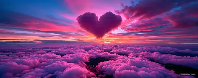 Heart-shaped cloud above a colorful sunset