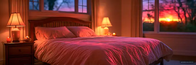 Cozy bedroom with sunset views and ambient lighting