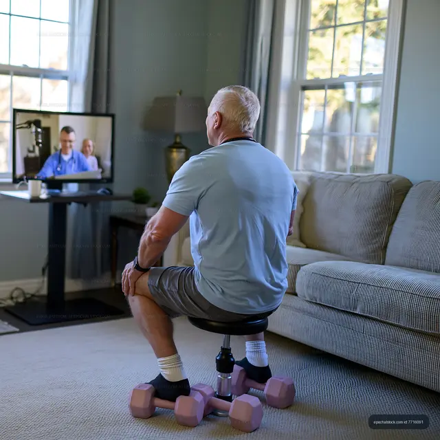 Older man seated with dumbbells during a home telehealth session