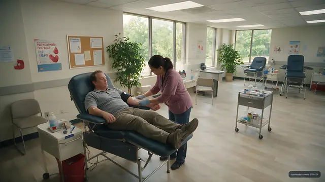 Blood donor reclining in chair as worker assists