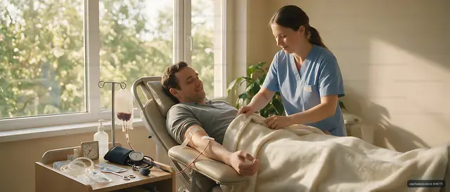 Donor receiving care while reclining in a medical chair